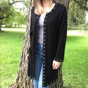 Long Black Cardigan with Metal Grommet Detailing